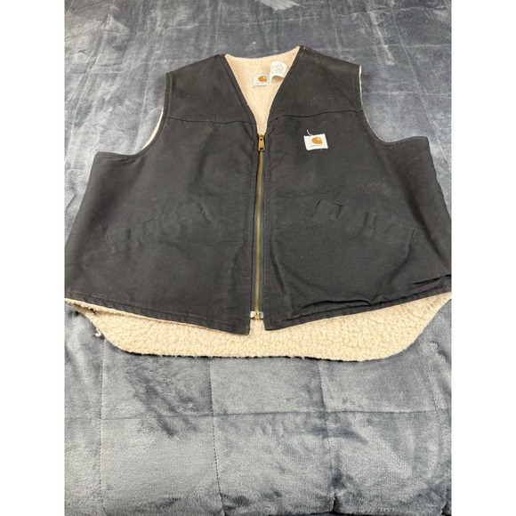 Carhartt Vintage 70/80 Sherpa Fleece Lined Black Canvas Work Vest Size XL - Picture 1 of 9